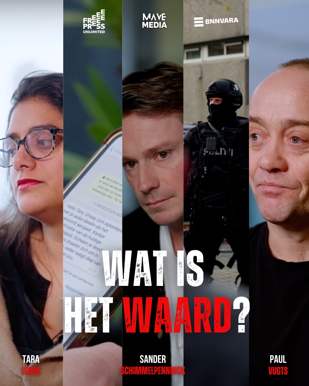 P&oacute;ster oficial de Wat Is Het Waard? con los retratos de Tara Lewis, Sander Schimmelpenninck y Paul Vugts — 8A Visuals